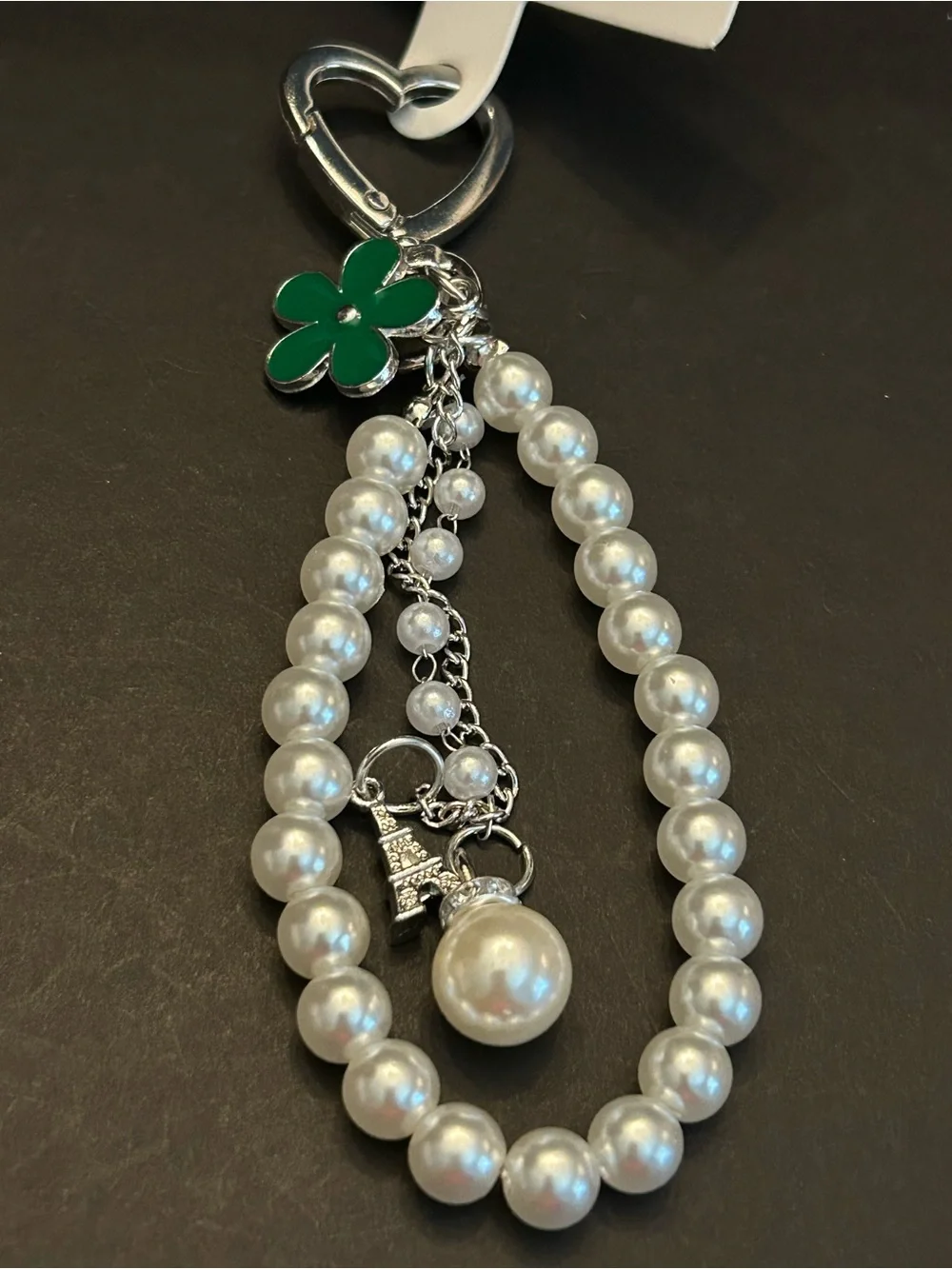 Silver or Gold w/Colored Enamel Flower Faux Pearl Wristlet Keychain Bag Charm